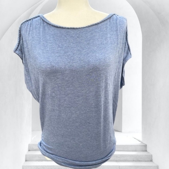 Max Studio Heather Blue Braided Boat Neck Ruched Side Dolman Sleeve T-shirt - Picture 2 of 10